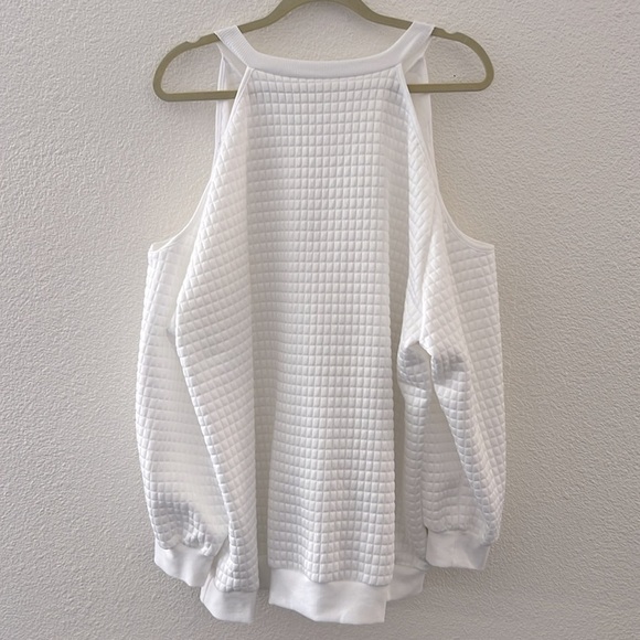 Plus Size Half Zip V-Neck White Cold Shoulder Waffle Knit Sweater Sweatshirt - Picture 7 of 11